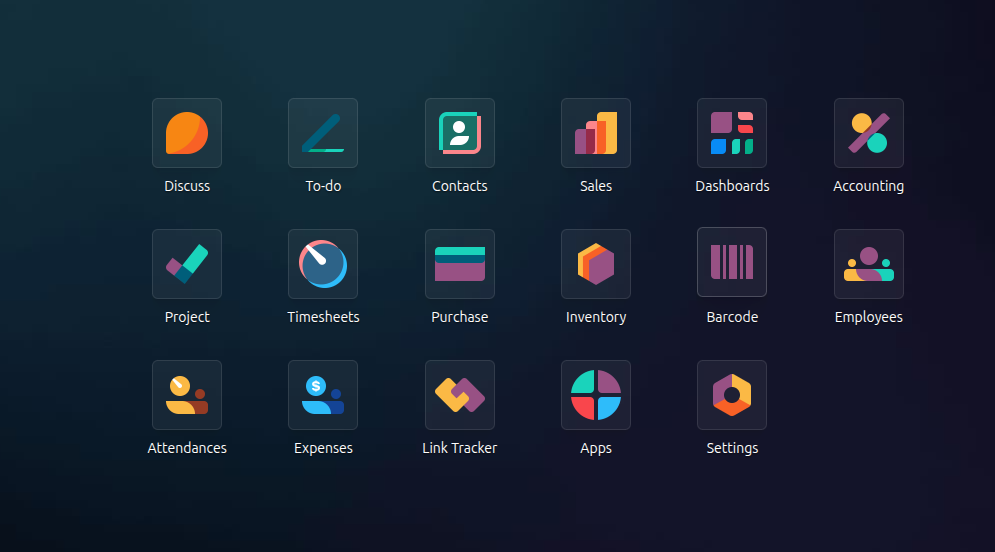 Menu aplikasi Odoo 19 Enterprise Casakha berisi Sales, Purchase, Accounting, Project, Timesheets, Employees, dan Expenses